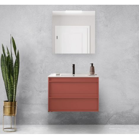 Mobile bagno sospeso 80 cm 2 cassetti in legno rosso satinato con lavabo a incasso - Astoria - Standard