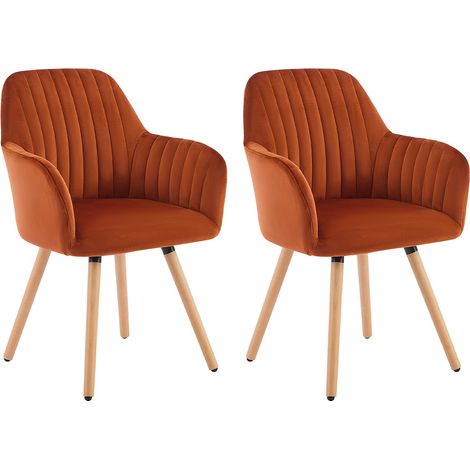 Lot de 2 chaises avec accoudoirs en velours et pieds bois de hêtre - Terracotta - ELEANA (1/4)