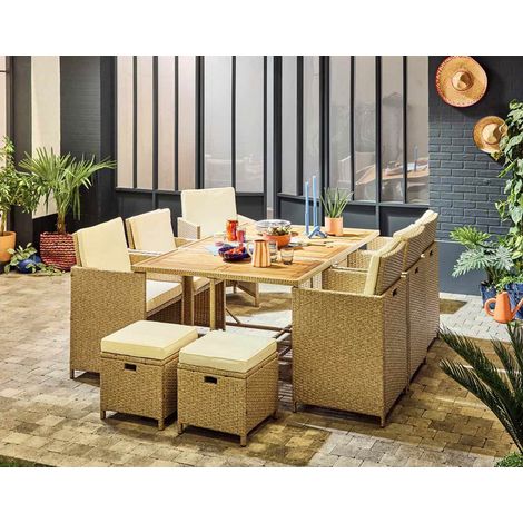 Bestmobilier – Salon de jardin encastrable 10 places en résine tressée beige – Coussins déhoussables – Housse de protection incluse – Plateau en acacia (1/5)