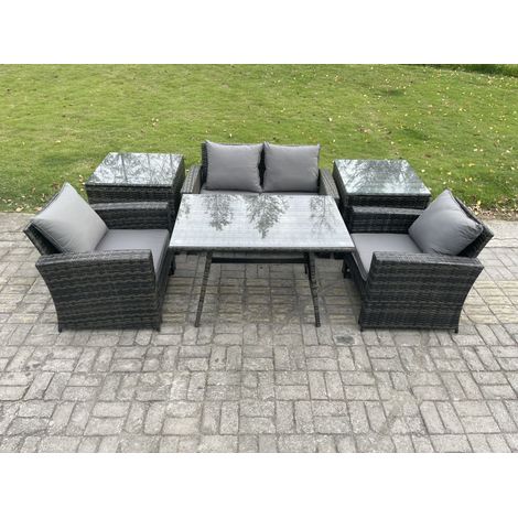 Fimous Outdoor Garden Furniture High Back Rattan Sofa Dining Table Set with 2 Side Tables Dark Grey Mixed (1/5)