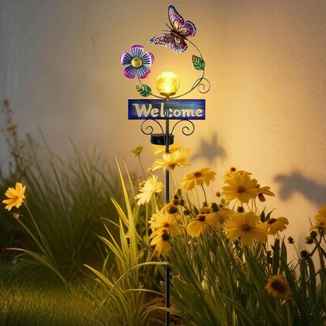 Piquet Solaire Jardin - 1 Unité - Métal Et Verre Craquelé - Lumière Automatique - Pour Pelouse Et Allée - Motif Papillon (1/5)