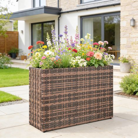 Jardinière surélevée avec pieds réglables, en rotin avec insert amovible, pour terrasse et balcon, marron (1/5)