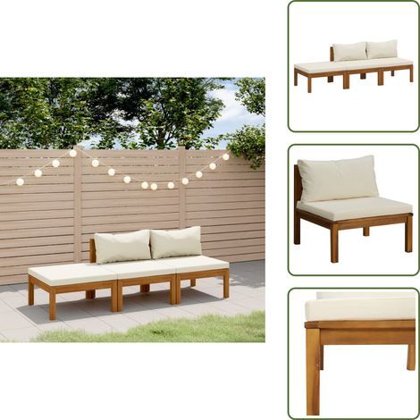 The Living Store 3-tlg. Garten-Lounge-Set mit Creme Kissen Massivholz Akazie - Gartensortiment - Loungeset - Gartenmöbel - Outdoor Möbel - Holz Lounge Set