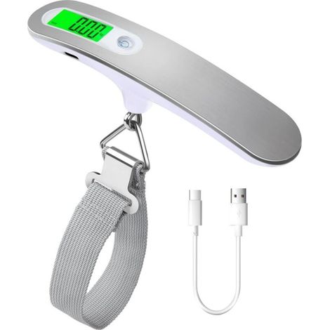 Balance de voyage numérique rechargeable avec sangle pour bagages, valises, poids maximal 50 kg, écran LCD, port USB TypeC. (1/5)