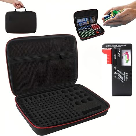 Boîte de rangement pour piles avec testeur de batterie 1,5 V 9 V, support de sac pour 220 piles AA AAA AAAA 9 V C D Lithium 3 V (sans piles) (noir) (1/5)