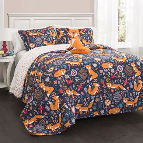 Parure de lit réversible 3 pièces pour lit Simple, Bleu Marine et Orange – Parure de lit pour Filles – Couette fantaisiste pour Enfants et Tout-Petits – Imprimé Floral et cœur (1/5)