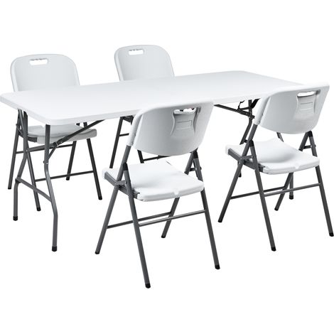 Conjunto de comedor exterior 4 plazas mesa rectangular sillas plegables con patas de acero 180 x 74 cm blanco Cugnoli