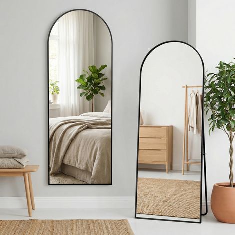 Grande specchio da terra 164x54cm, arco, specchio da parete o da appoggio, cornice in alluminio e vetro temperato HD, per camera da letto e ingresso, stile scandinavo moderno(164x54cm, Nero)