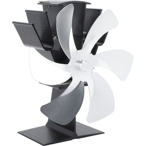 Ventilateur vertical pour poêle, 6 pales, ventilation thermique, circulation d'air rapide et chaude, poignée intégrée, couleur argent. (1/5)
