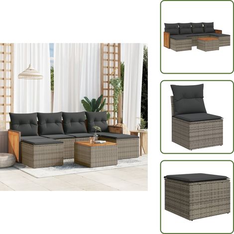 The Living Store 7-tlg. Garten-Sofagarnitur mit Kissen Grau Poly Rattan - Gartenmöbel Set - Rattan Möbel - Outdoor Lounge - Esstisch - Sofasitzgruppe