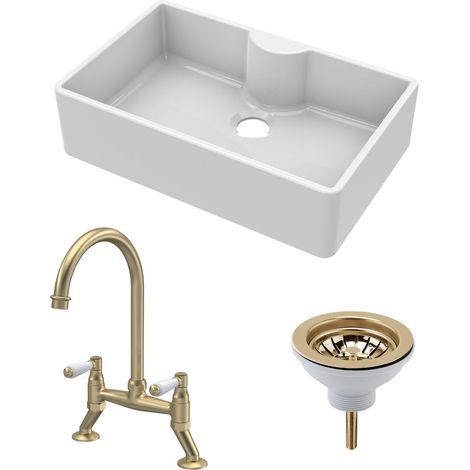Fireclay Kitchen Bundle - 1 Bowl Butler Sink with Tap Ledge, Waste & Lever Tap - 795mm - Brushed Brass