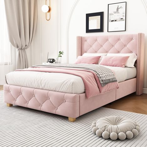 Lit simple 90x200 cm capitonné velours rose, tête de lit à boutons, sommier lattes inclus (sans Matelas) (1/5)
