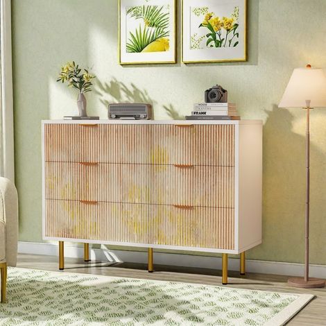 Commode 100 x 34 x 73 cm avec 6 tiroirs, commode chambre adulte, buffet salon en bois, motif bois à grain vertical, couleur bois naturel et blanc (1/5)