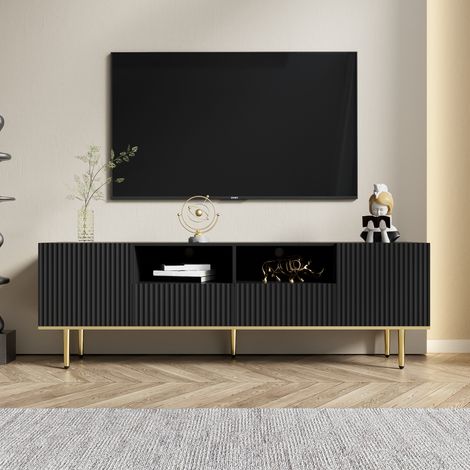 Meuble TV 165x36x55 cm noir en panneau de particules avec détails dorés, 2 tiroirs et 2 niches (1/5)