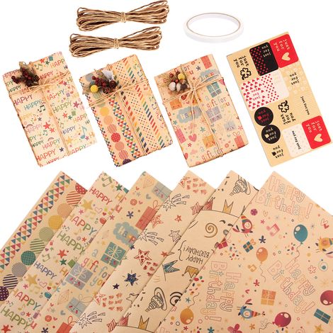 Wrapping Paper - Kraft Recycled Brown Gift Wrapping Sheets - Birthday Wedding Baby Shower - 6 Sheets With 2 Flax Strings