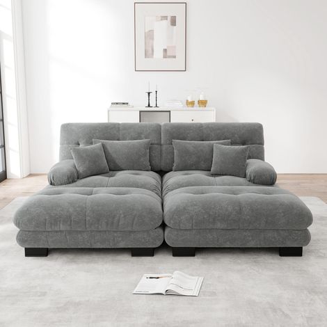 Canapé d'angle en forme de nuage pour salon, canapé deux places en chenille avec 2 coussins lombaires et 2 coussins décoratifs, canapé capitonné à larges accoudoirs avec 2 repose-pieds, (1/5)