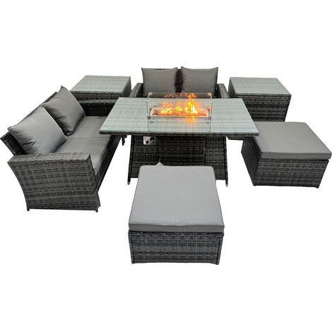 Fimous Outdoor Love Sofa Set 6 Seat Rattan Garden Furniture Set with Gas Firpit Dining Table 2 Big Footstools 2 Side Table Dark Grey Mixed (1/5)