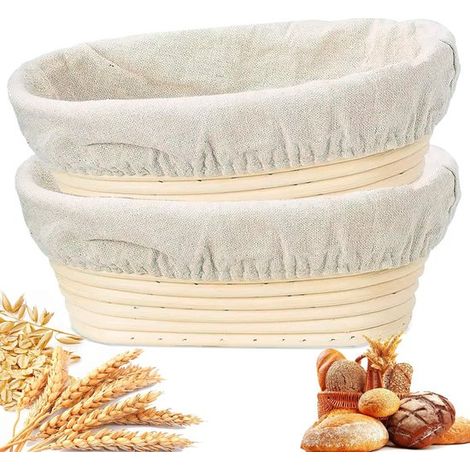 Paniers à pain ovales 2 pièces 17 x 12 x 6 cm – Paniers à levain en rotin naturel tressé à la main avec doublure en lin – Accessoires de boulangerie pour particuliers et professionnels (1/5)