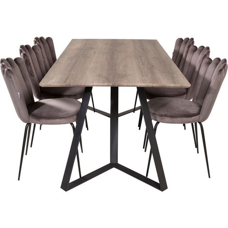 MarinaGRBL Essgruppe Esstisch El Holz dekor grau und 6 Limhamn Esszimmerstühle Velour grau.