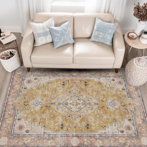 Tapis Persan Jaune 120x170 cm, Tapis Vintage Oriental, Lavable (1/5)