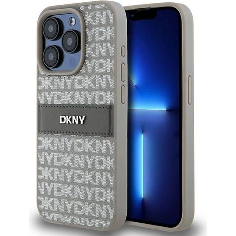 Dkny DKHCP15LPRTHSLE iPhone 15 Pro6.1 Estuche rígido de cuero beige con rayas monocromáticas y logotipo de metal (1/5)