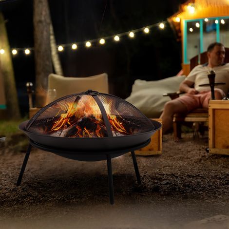 Brasero de Exterior con Tapa y Atizador Pozo de Fuego de Metal para Terraza Patio Jardín Ø47x33 cm Negro (1/5)