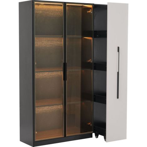 Armoire multifonction 110,5x35x160 cm, vitrine LED, design blanc/noir