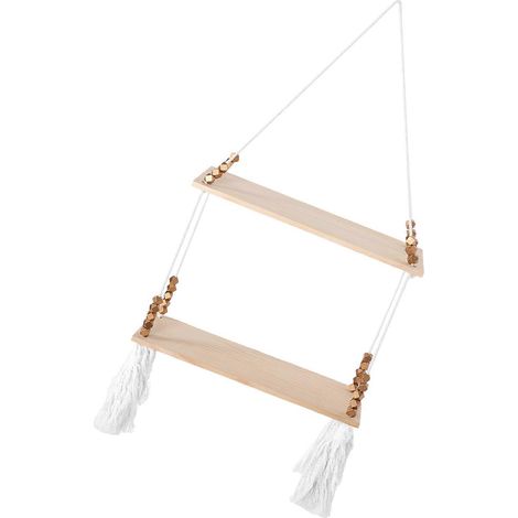 Étagère murale flottante en macramé de style bohème, idéale pour le salon. Étagères flottantes en bois pour plantes et objets divers. (1/4)