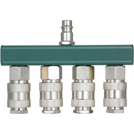 1 Pièce Raccords de Tuyau D'Air de Collecteur D'Air Droit à 4 Voies avec 4 Coupleurs et Bouchon NPT 1/4 Pouce Coupleur de Raccord D'Air NPT 1/4 Pouce (1/5)