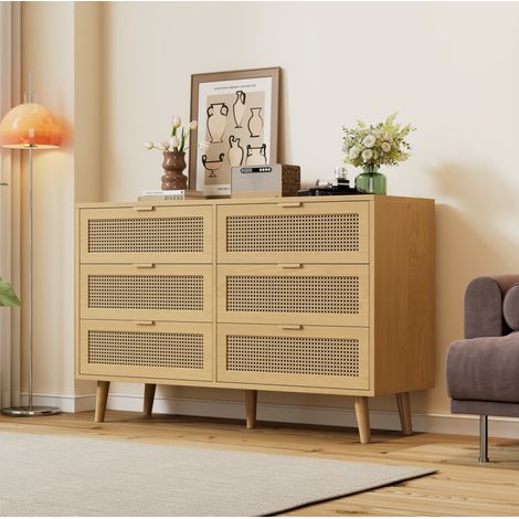 Comò in truciolare color noce con 6 cassetti, dettagli effetto rattan, maniglie in metallo, 120x40x76,5 cm (1/5)