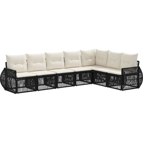 Ensemble de Salon de Jardin 7 Pièces, Canapé d'Extérieur en Rotin Synthétique PE Tressé, Couleur Crème Noir et Blanc (1/5)
