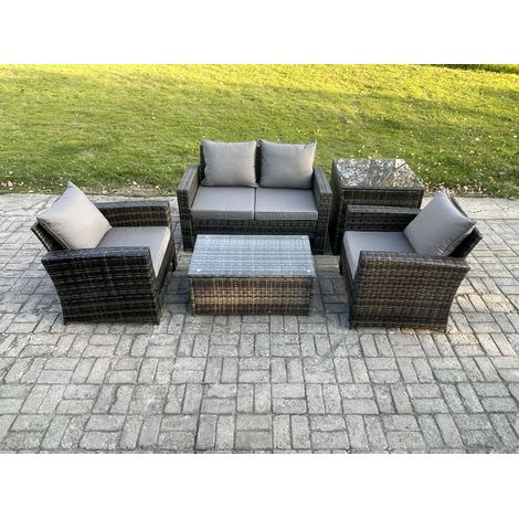 Fimous Outdoor Lounge Sofa Set Wicker PE Rattan Garden Furniture Set with Rectangular Coffee Table Double Seat Sofa Side Table Dark Grey Mixed (1/5)
