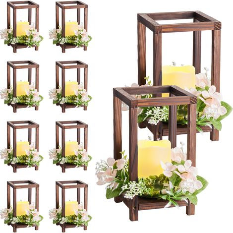 Mophorn Faroles de madera para bodas, 10 juegos con velas LED y coronas de flores, 140 x 140 x 254,8 mm, candelabros para mesas con estilo rústico, ideales para fiestas y celebraciones, color marrón (1/5)