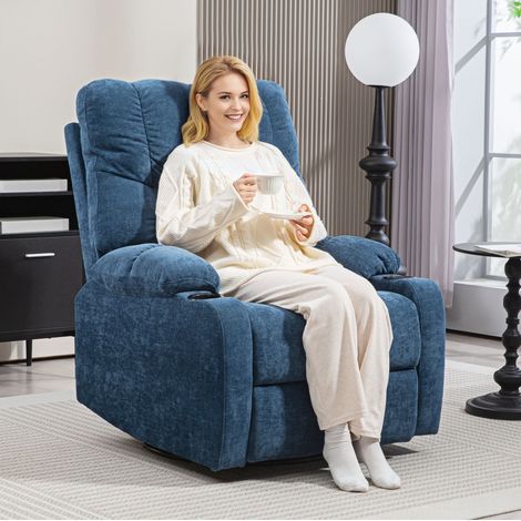 Poltrona relax girevole e a dondolo, con schienale reclinabile, portabicchieri, poliestere blu (1/5)