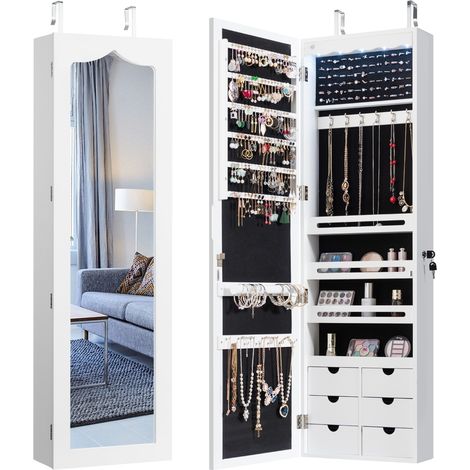 Armadio portagioie specchio 6 cassetti legno Armadietto portagioielli porta 5 luci LED 36,5x11,5x120cm Bianco (1/4)