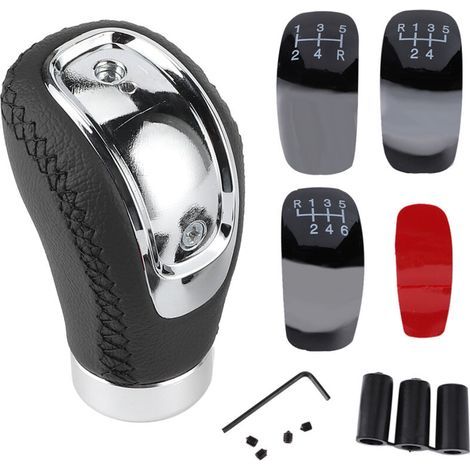 Greensen Pomo universal para palanca de cambios de coche, palanca de cambios de cuero, cuero para balonmano, ajuste universal, 3 adaptadores de goma de 8 mm, 10 mm, 12, ergonómico, tipo R, botón ABS p (1/5)