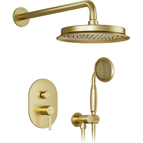 Colonne de douche encastrée, Système de douche or brossé Kit de douche 2 fonctions avec corps de vanne en laiton, douche de tête ronde 230 mm, douchette & flexible anti-torsion 1,5 m (1/5)