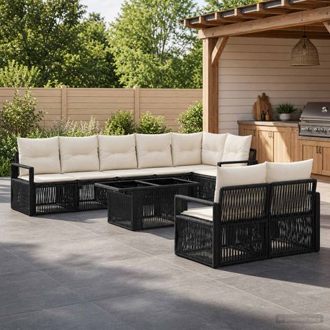 vidaXL Set Divano da Giardino 9 pz Nero e Bianco Crema polyrattan (1/5)