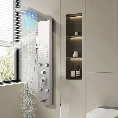 Swanew – Colonne de douche hydromassante 5-en-1 – Acier inoxydable 304 – Douche pluie, cascade, massage – Affichage LED – Installation facile G1/2 (1/5)