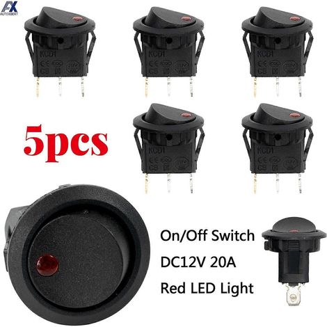 Lot de 5 interrupteurs à bascule 12 V CC 20 A avec LED rouge, bouton marche/arrêt SPST rond et lumineux, pour voiture, bateau ou tableau de bord. Accessoires auto. (1/4)