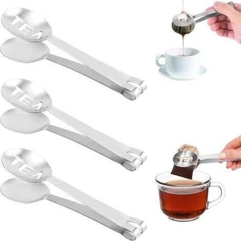 Juego de tres pinzas para bolsitas de té, utensilio eficaz para preparar té cómodamente. Las pinzas antideslizantes pueden sujetar cubitos de hielo. Duraderas y fáciles de limpiar. (1/5)