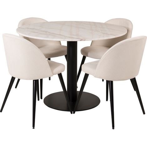 EstelleØ106WHBL Essgruppe Esstisch weiß, Marmor und 4 Velvet Esszimmerstühle Samt beige, schwarz.