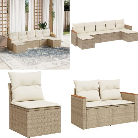7-tlg. Garten-Sofagarnitur mit Kissen Beige Poly Rattan - Gartensorgsatz - Outdoor-Lounge - Gartenmöbelset - Rattanmöbel - Polyethylen-Rattan - Home & Living (1/5)
