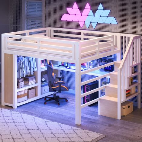 Hochbett 160x200 cm Weiß aus Metall mit Schreibtisch, LED-Beleuchtung, Leiter und Stauraum (1/5)