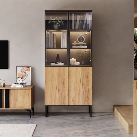 Vitrine vitrée 74x31x180cm 5 niveaux éclairage LED noir chêne meuble rangement objets collection bureau salon bibliothèque (1/5)