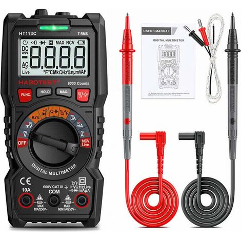 Multimètre numérique, écran LCD complet, tests multifonctions incluant stabilité, continuité, capacité, fréquence et test de diode, tension d'alimentation et NCV (1/4)