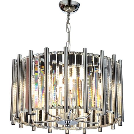 Lustre chromé, hauteur 57 cm, diamètre 45 cm, corps en métal avec capuchon en cristal, 6 ampoules E14 max. 40 W, design glamour moderne pour hôtels et maisons