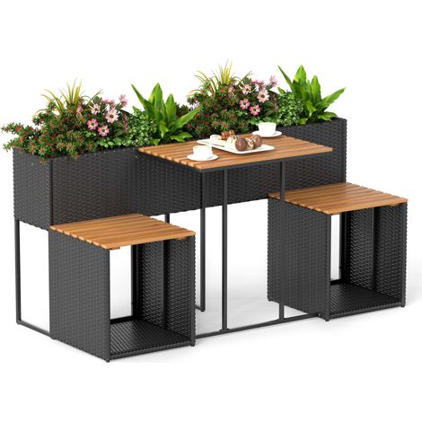 Salon de Jardin avec Jardinière Surélevée, Table Extérieur en Rotin PE avec 2 Chaises, Plateau en Bois d'Acacia, Cadre Métallique (1/5)