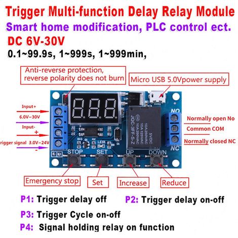 Module de relais temporisé marche/arrêt avec affichage LED numérique, alimentation 6 V à 30 V CC, micro USB 5 V (1/5)