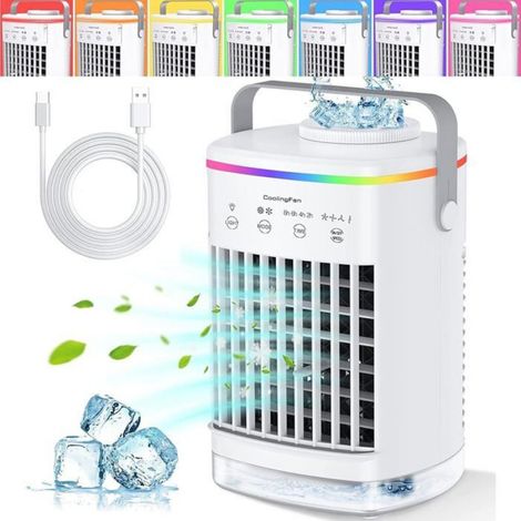 Refroidisseur d'air portable Joomouney, avec 4 vitesses de ventilation, 7 couleurs d'éclairage, réservoir d'eau de 700 ml,Blanc (1/5)